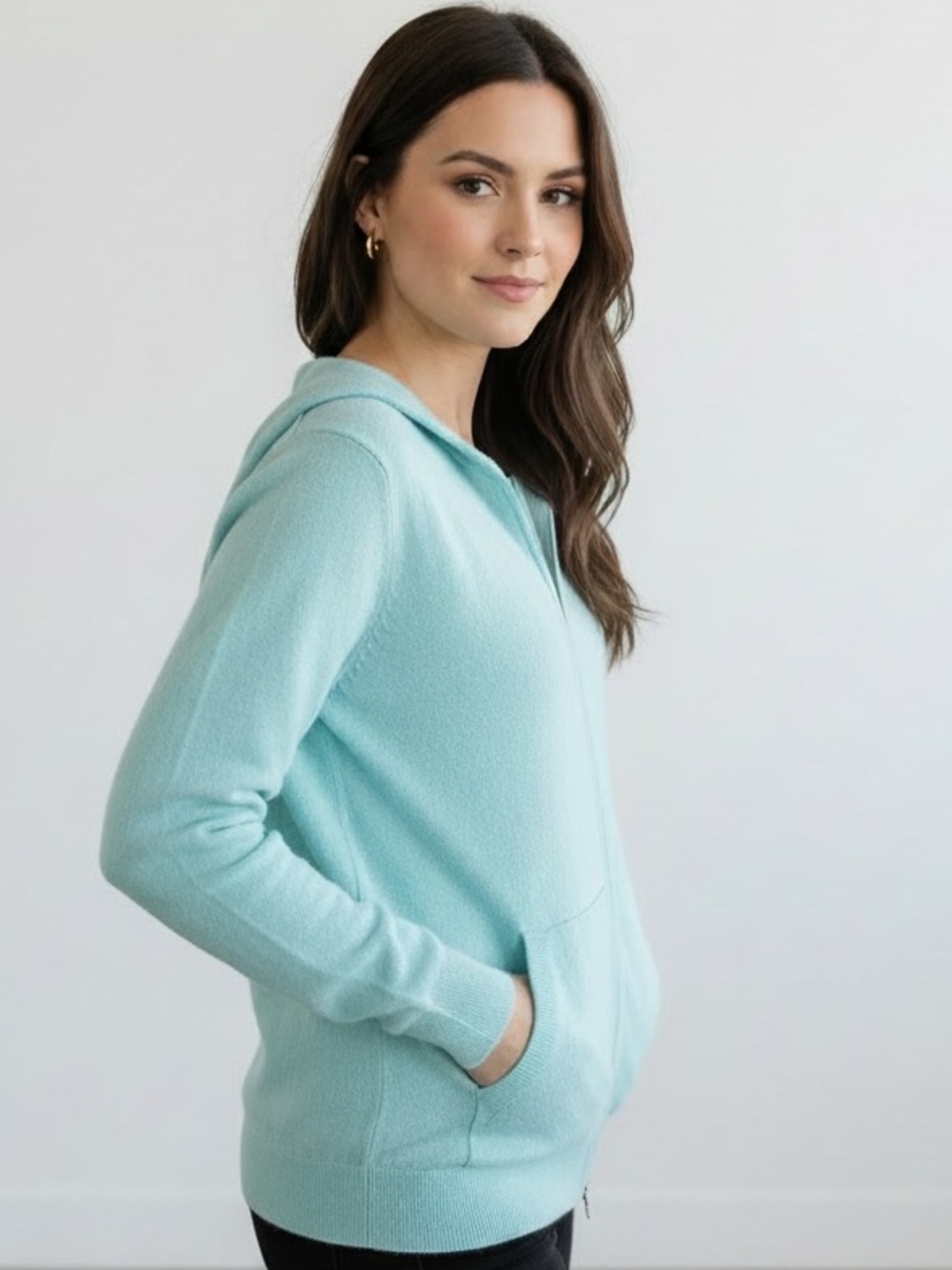 J. Jill Cashmere Zip-Front Hooded Sweater in Mint Color XS/S